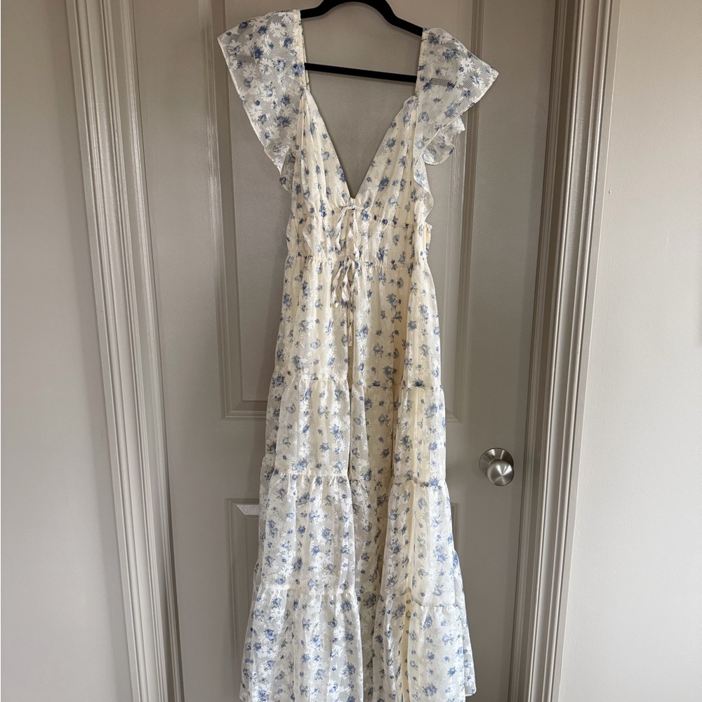 Altar'd State Cream and Blue Floral Maxi Dress